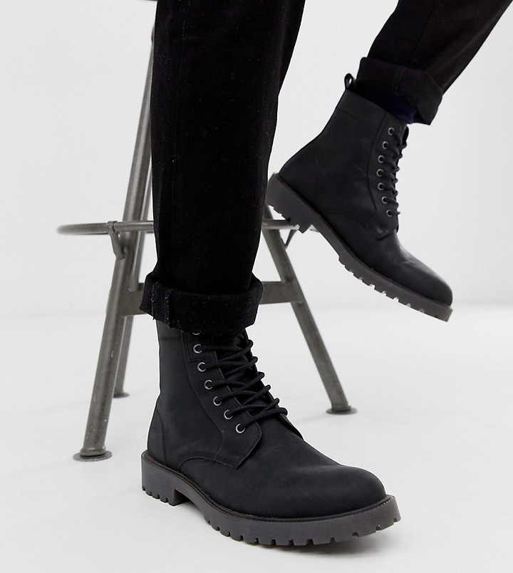 ASOS DESIGN Wide Fit lace up boots in black leather with chunky sole -  ShopStyle