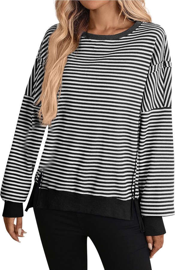 HGps8w Womens Striped Crewneck Sweatshirt Loose Split Side Long Sleeve 2025 Fall Winter Pullover Drop Shoulder Tops