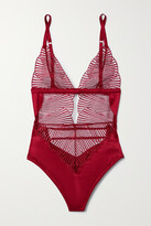 Thumbnail for your product : Coco de Mer Athena Cutout Embroidered Tulle And Satin Bodysuit - Burgundy