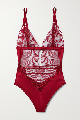 Coco de Mer Athena Cutout Embroidered Tulle And Satin Bodysuit - Burgundy