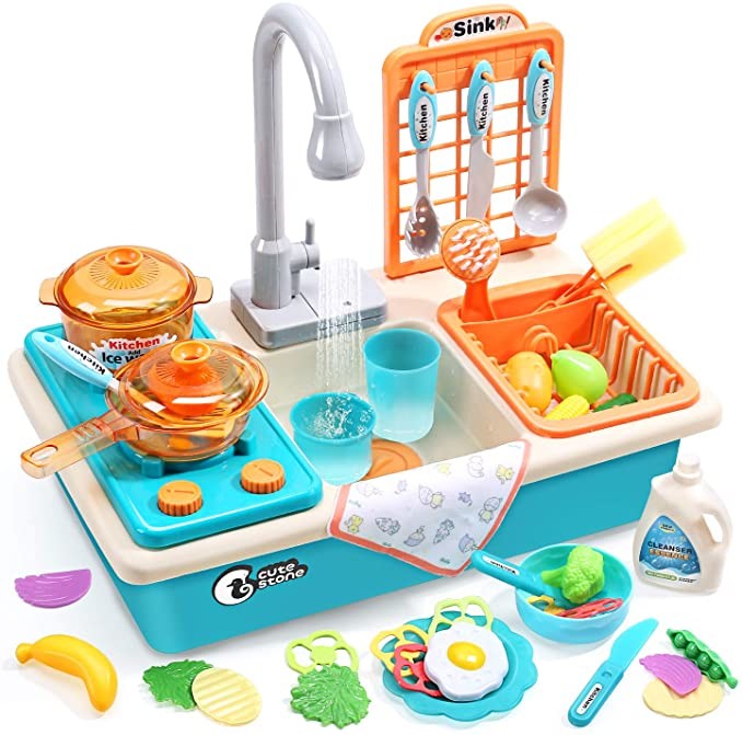 CUTE STONE Play Kitchen Sink Toys with Upgraded Real Faucet, Play Cooking Stove, Cookware Pot and Pan,Play Food, Color Changing Dishes Accessories for Boys Girls Toddlers