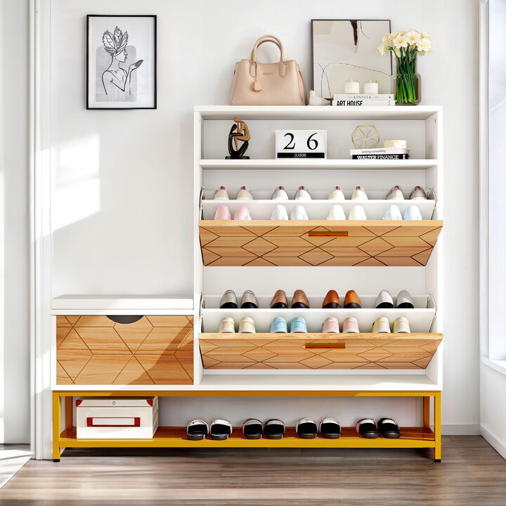 Dextrus Shoe Cabinet with 2 Flip Drawers & Open Shelf , Modern Shoe Storage Cabinet with Storage Bench, Freestanding Shoe Rack Storage Organizer Bench for Hallway Entryway, White