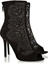 Thumbnail for your product : Nicholas Kirkwood Embroidered mesh and suede peep-toe ankle boots