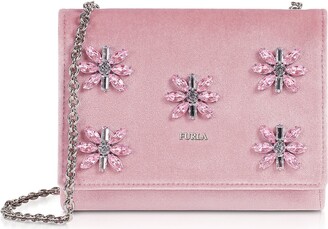 Furla Viva Mini Pochette crafted in Suede with crystal floral  embellishments plays on the timelessness of