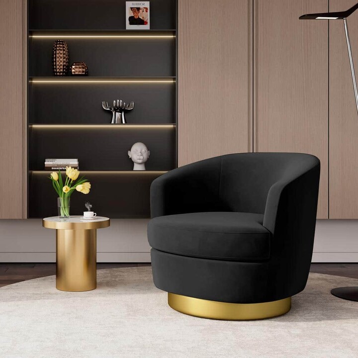 JEAREY Nancy Modern 360° Swivel Black Non-falling Velvet Fabric Barrel Accent Armchair for Bedroom or Living Room