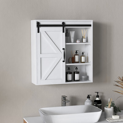 August Grove Farmhouse Bathroom Wall Cabinet Medicine Cabinet With Sliding Barn Door And Adjustable Shelf Over The Toilet Cabinet White