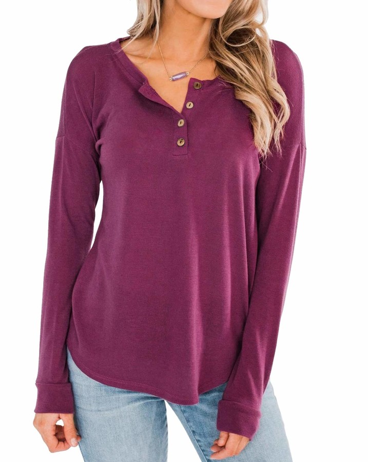 Jonstal Women Casual Round Neck Long Sleeve Tunic Tops Button Up