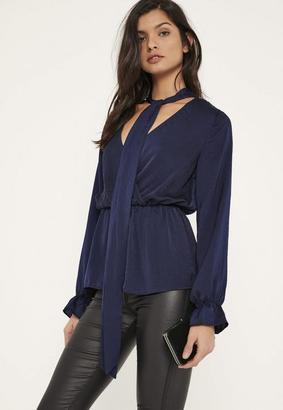 Missguided Blue Hammered Satin Tie Neck Blouse