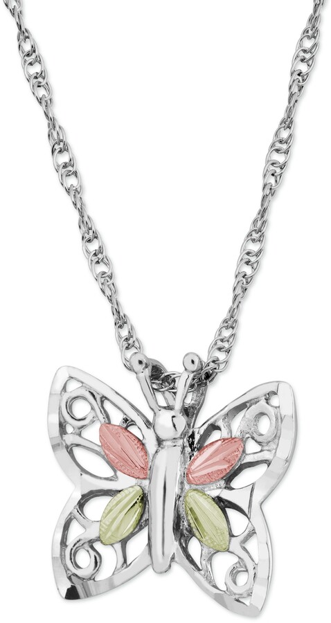 Black Hills Gold Butterfly Pendant in Sterling Silver with 12k Rose and Green Gold