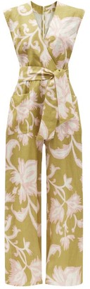 CALA DE LA CRUZ Madeline Floral-print Linen Wide-leg Jumpsuit - Green Multi