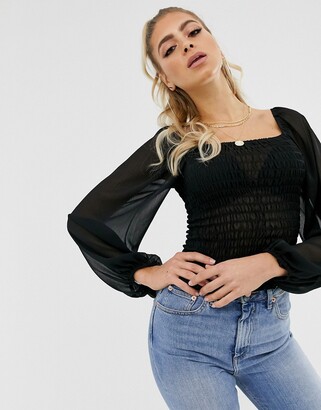 ASOS DESIGN DESIGN shirred top with long sleeve