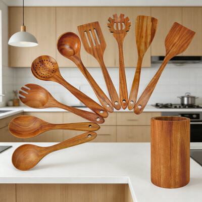 QIANXING 10-Piece Teak Wooden Utensil Set With Holder Premium Kitchen Cooking Spoons And Tools For Non-Stick Cookware Handcrafted Smooth Finish Heat Resista