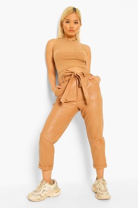 boohoo Petite PU Faux Leather Belted Tapered Trousers