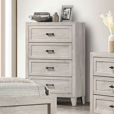 Latitude Run Contemporary Style 1pc Chest Central Metal Glides French Dovetail Drawers Black Metal Handles White Wash Finish Bedroom Furniture