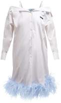 Thumbnail for your product : Prada Feather Trimmed Off The Shoulder Cotton Shirtdress - Womens - White Multi