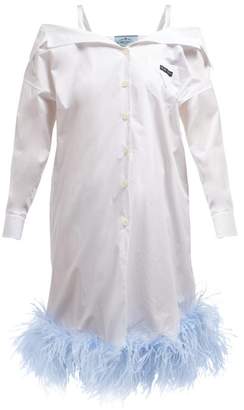 Prada Feather Trimmed Off The Shoulder Cotton Shirtdress - Womens - White Multi
