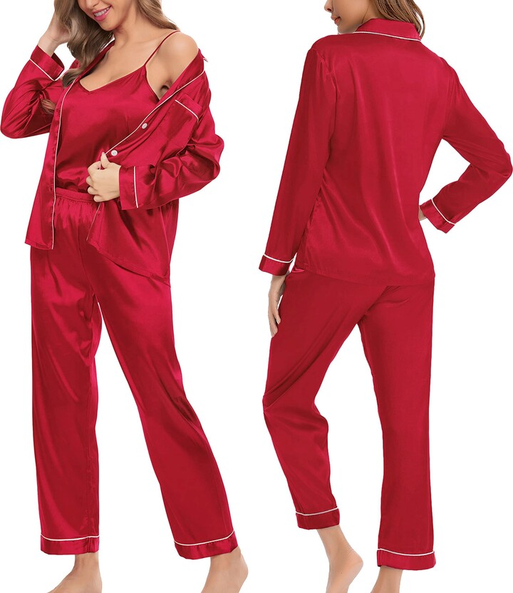 SWOMOG Women Silk Pyjama Set Long Sleeve Satin Pjs Sets 4 Pcs Silky  Sleepwear Sets Sexy Camisole Top Shorts Suits Loungewear Red - ShopStyle