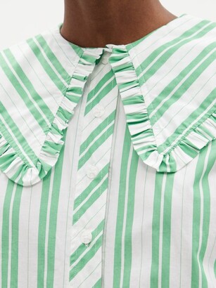 Ganni Ruffled-collar Sleeveless Cotton-poplin Shirt - Green White