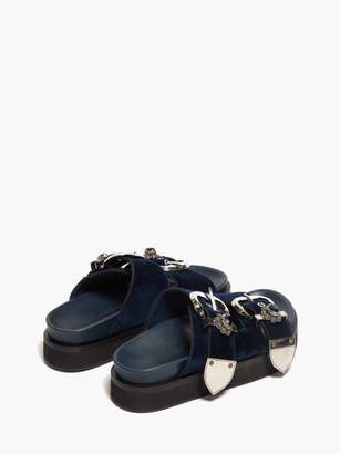 Alexander McQueen Buckled Flatform Velvet Sandals - Womens - Navy Silver