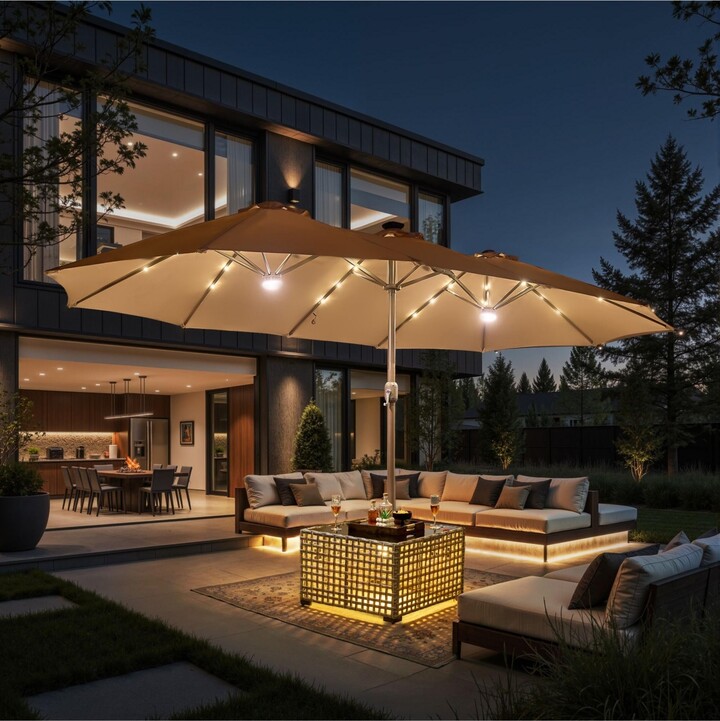 XIZZI 15ft Patio Umbrella with Base,12 Heavy Duty Ribs Large Outdoor Double-Sided Rectangle Umbrella with Crank Handle, Market Umbrella for Backyard -