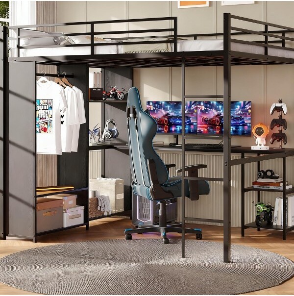 Jojoka QueenSizeMetalLoftBedwithBuilt-inDeskWardrobeStorageShelvesGuardrailSturdyLadderSpaceSavingSolutionBlack