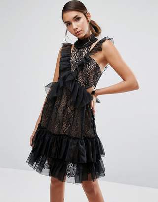 Three floor Mini Lace Dress with High Neck