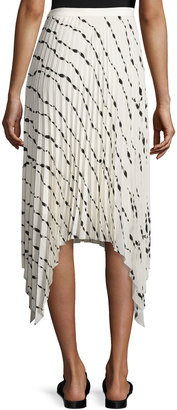 Helmut Lang Pleated Printed Silk Midi Skirt, White