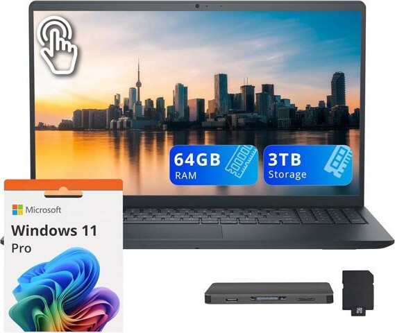 Dell Inspiron 15.6' FHD Touchscreen Laptop, Intel Core i7-1355U, 64GB RAM, 3TB Storage (2TB SSD+1TB Docking Station Set), Iris Xe Graphics, Numeric...