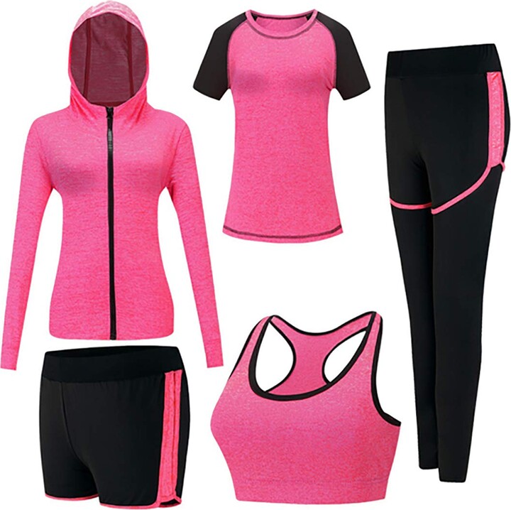 Inlefen Women's Tracksuits Sets Sportsuit Set Soft Comfy Quick-Drying Running Jogging Gym Workout Sweatsuit 5 Piece Set Sports Bra,T-Shirt,Coat and 2 pcs Pants Ladies Sportwear Sets Yoga Clothing