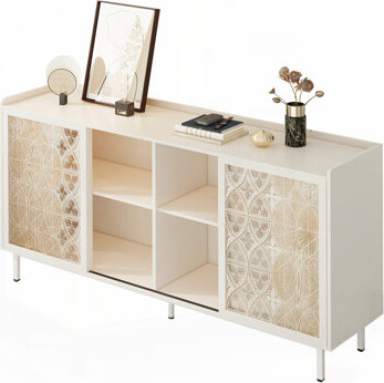 Sicotas Mid Century Sideboard Storage Rustic Sliding Door Solid Wood Cabinet