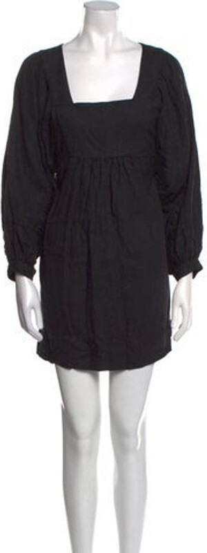 Joie Linen Shift Dress Blue Ruffle Embellishment Three-Quarter Sleeve with Square Neckline Button Closure at Front Designer