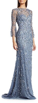 Theia Flounce-Sleeve 3-D Embroidered Gown