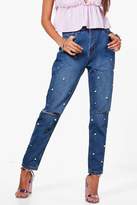 Thumbnail for your product : boohoo Slim Fit Pearl Detail Mom Jeans