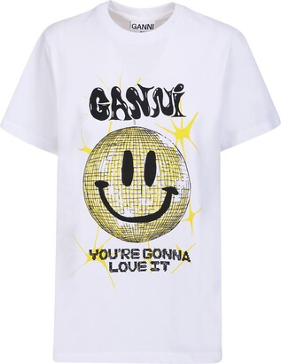 Ganni White Cotton T-Shirt With Smiling Disco Ball Print To The Front -  ShopStyle