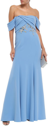 Marchesa Notte Off-the-shoulder Embellished Crepe Gown