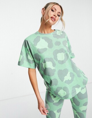 ASOS DESIGN oversized tee & leggings pajama set in green animal print
