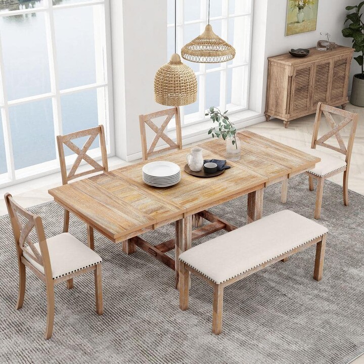 Harper&Bright Designs Brown 6-Piece Extendable Dining Table with Footrest, 4 Linen Upholstered Chairs and One Bench, Two 11" Removable Leaves
