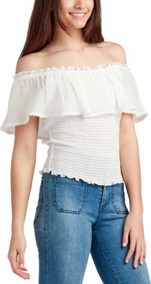 BCX Juniors' Off-The-Shoulder Ruffled Smocked-Bodice Top