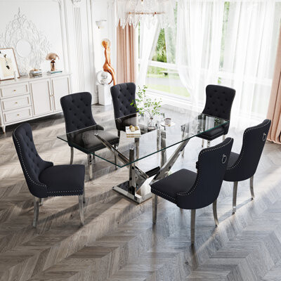 Everly Quinn Glass Top Metal Base Dining Table With 4 Velvet Dining Chairs5 - Piece Pedestal Dining Set