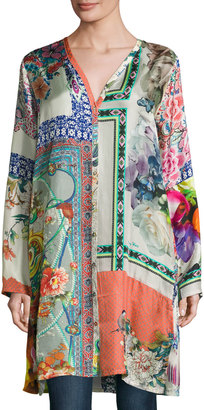 Johnny Was Biorla Long-Sleeve Button-Front Floral Tunic, Multi, Plus Size