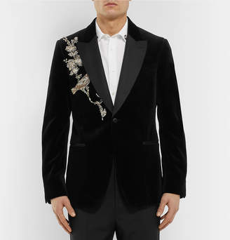 Alexander McQueen Slim-Fit Embellished Silk Grosgrain-Trimmed Cotton-Velvet Blazer