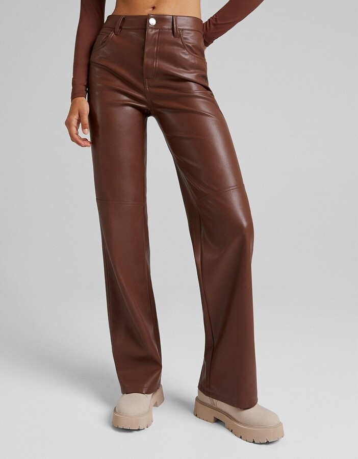 Bershka faux leather straight leg trouser in brown - ShopStyle