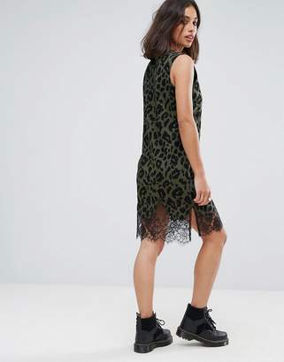 ASOS Petite PETITE Sleeveless T-Shirt Dress with Lace Inserts in Khaki Leopard Print