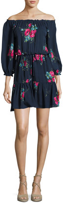 Joie Marx Floral-Print Off-the-Shoulder Silk Blouson Mini Dress, Blue
