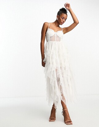 Miss Selfridge bandeau bridal lace detail frill maxi dress with detachable straps in cream - ShopStyle