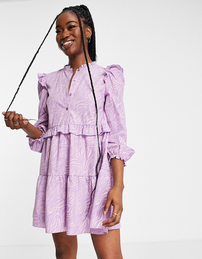 Miss Selfridge ruffle detail shirt dress in lilac zebra - ShopStyle
