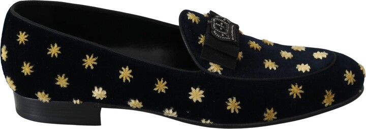 Dolce & Gabbana Blue Velvet Crown Slippers Loafers Men's Shoes
