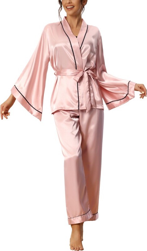 cheibear Women' Silky Satin Bell Sleeve Sleepwear Robe with Pant