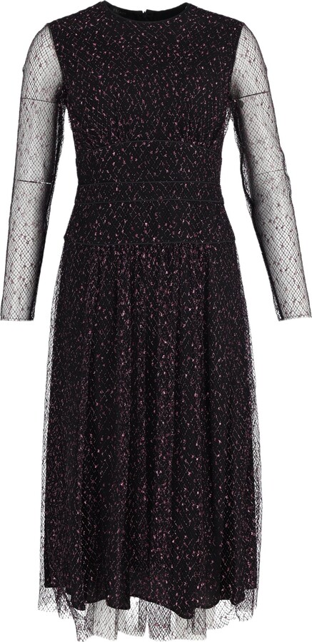 Sheer Sleeve Midi Dress in Black Polyester
