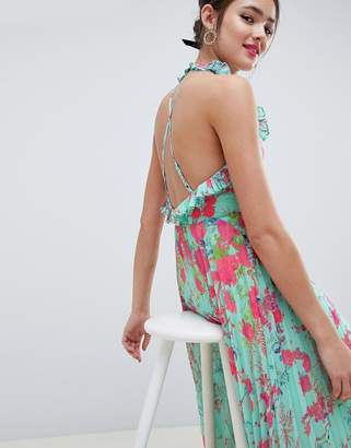ASOS DESIGN Pleated Maxi Dress With Ruffle Open Back In Vintage Floral